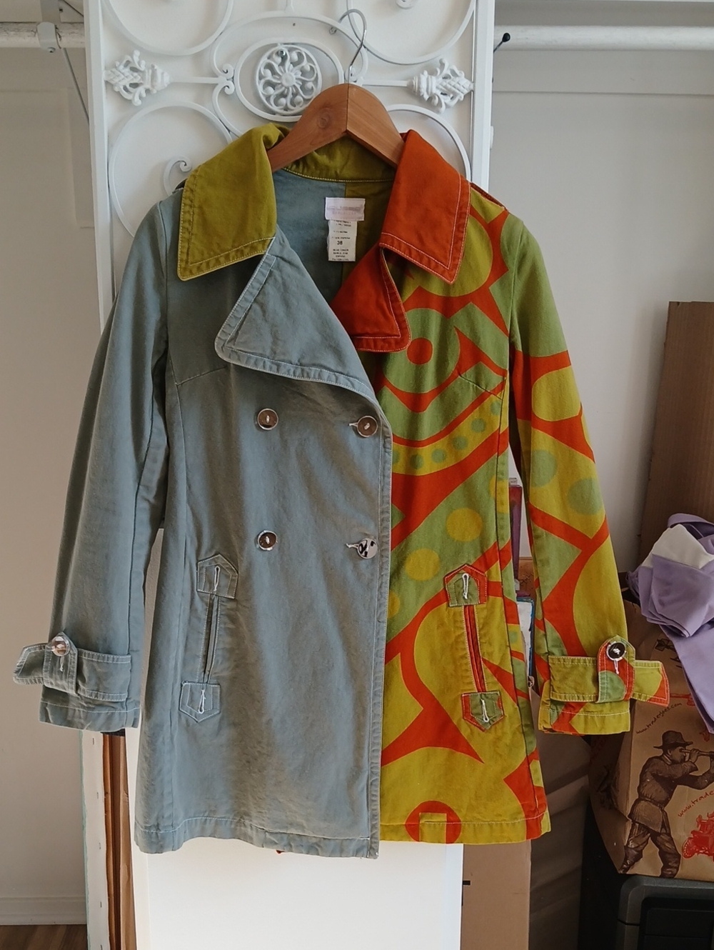 Custo Barcelona Two-Tone Green and Orange Patterned Trench Coat